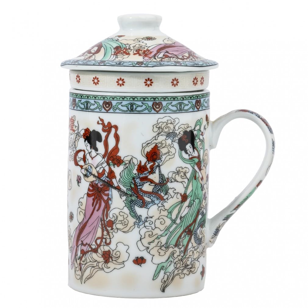 lachineuse - Tea or Infusion Mug - Asian Nymphs Motif - Arts and Traditions - Porcelain - Multi-Coloured - Height 14.5 cm - Asian Decoration Gift Idea