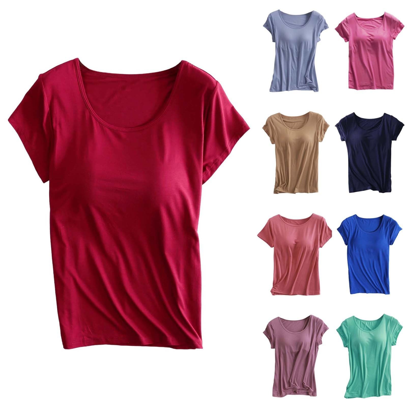 IQYU Reggiseno da donna con coppe senza ferretto, maglietta con reggiseno integrato, in cotone, maglietta basic con scollo a U, a maniche corte, camicia sportiva estiva