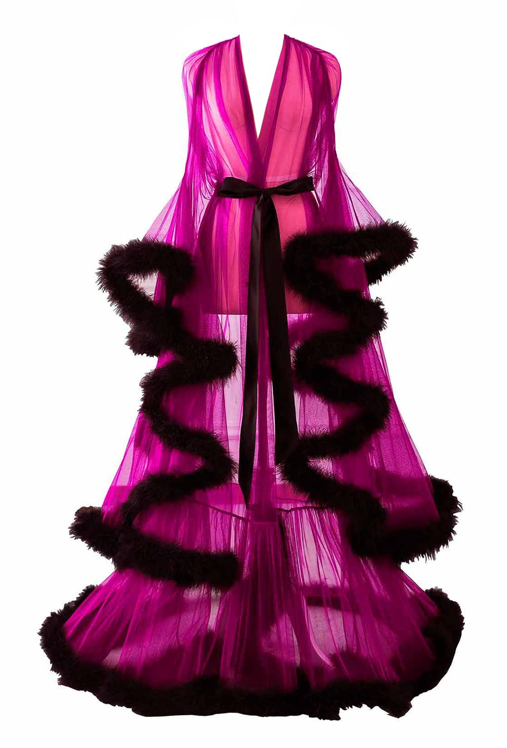 Changuan Sexy Feather Robe Long Fur Tulle Robe Sheer Lingerie Maternity Photoshoot Dress Sleepwear Nightgown Bathrobe: XX-Large Fuchsia-black