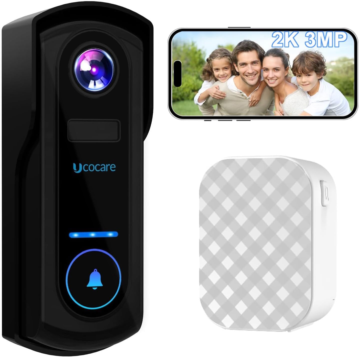 UCOCARE Video Doorbell Wireless with Chime, 2K 3MP WiFi Doorbell Camera Wireless, PIR Motion Detection, Camera Doorbell 10000mAh Battery, Night Vision, 2-Way Talk, IP67 Weatherproof SD & Cloud Storage