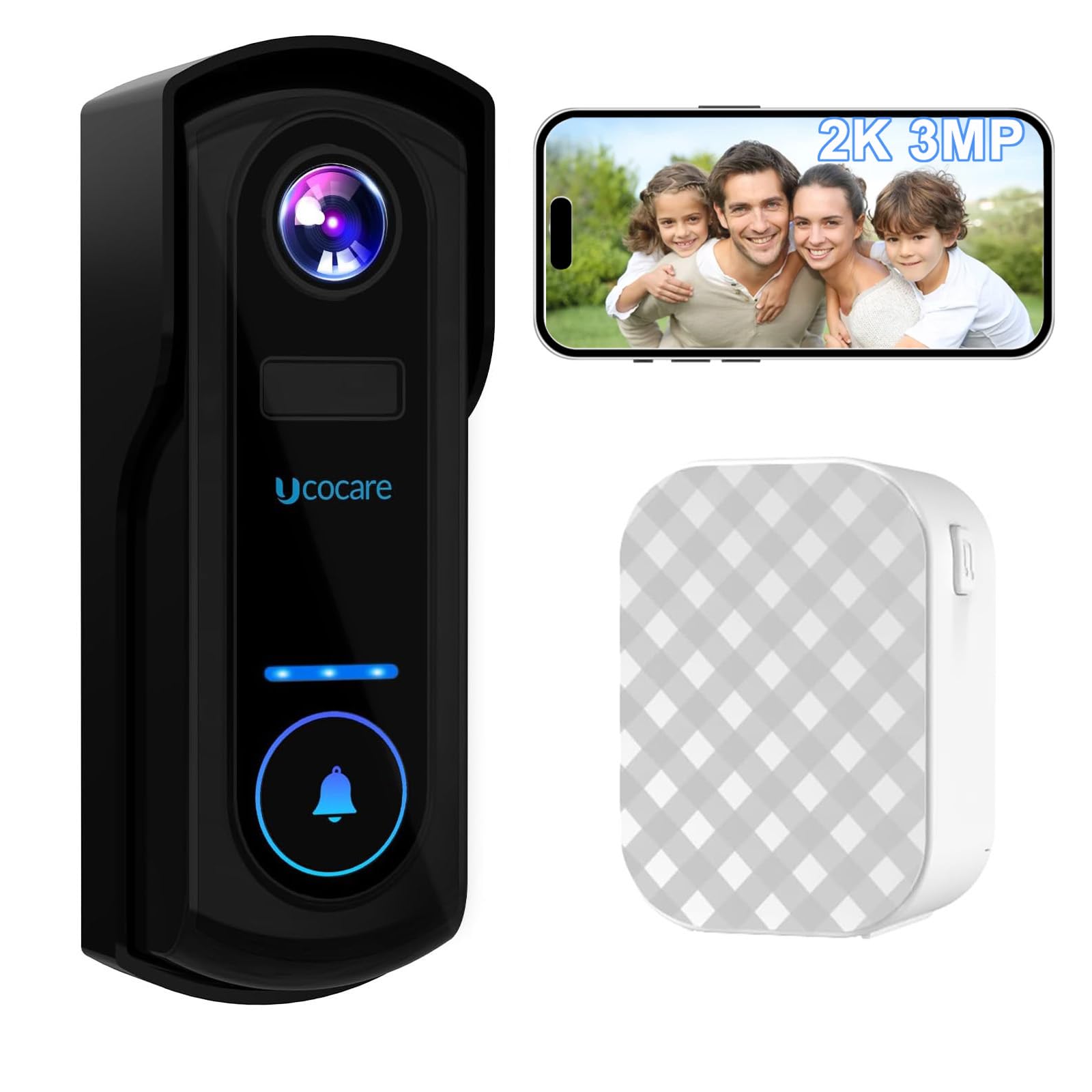 Ucocare Black Video Doorbell Wireless With Chime, 2K 3Mp Wifi Doorbell Camera Wireless, Pir Motion Detection, Camera Doorbell 10000Mah Battery, Night Vision, 2-Way Talk, Ip67 Weatherproof Sd & Cloud Storage
