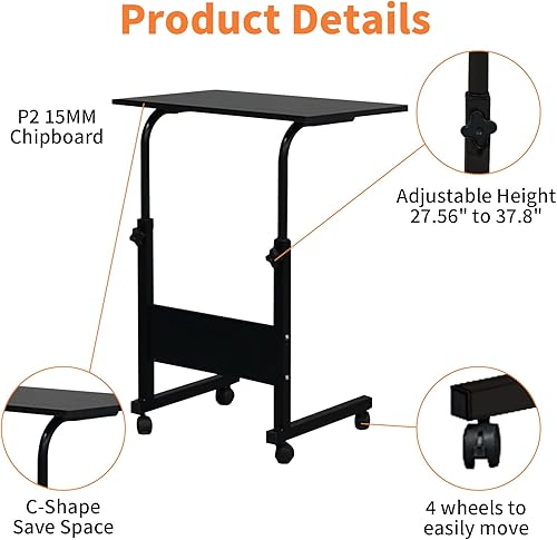 Miniatura 4 de Karl home Mesa móvil pequeña de 23.6 pulgadas, escritorio para computadora con ruedas, altura ajustable, carrito de computadora portátil, mesa Negro