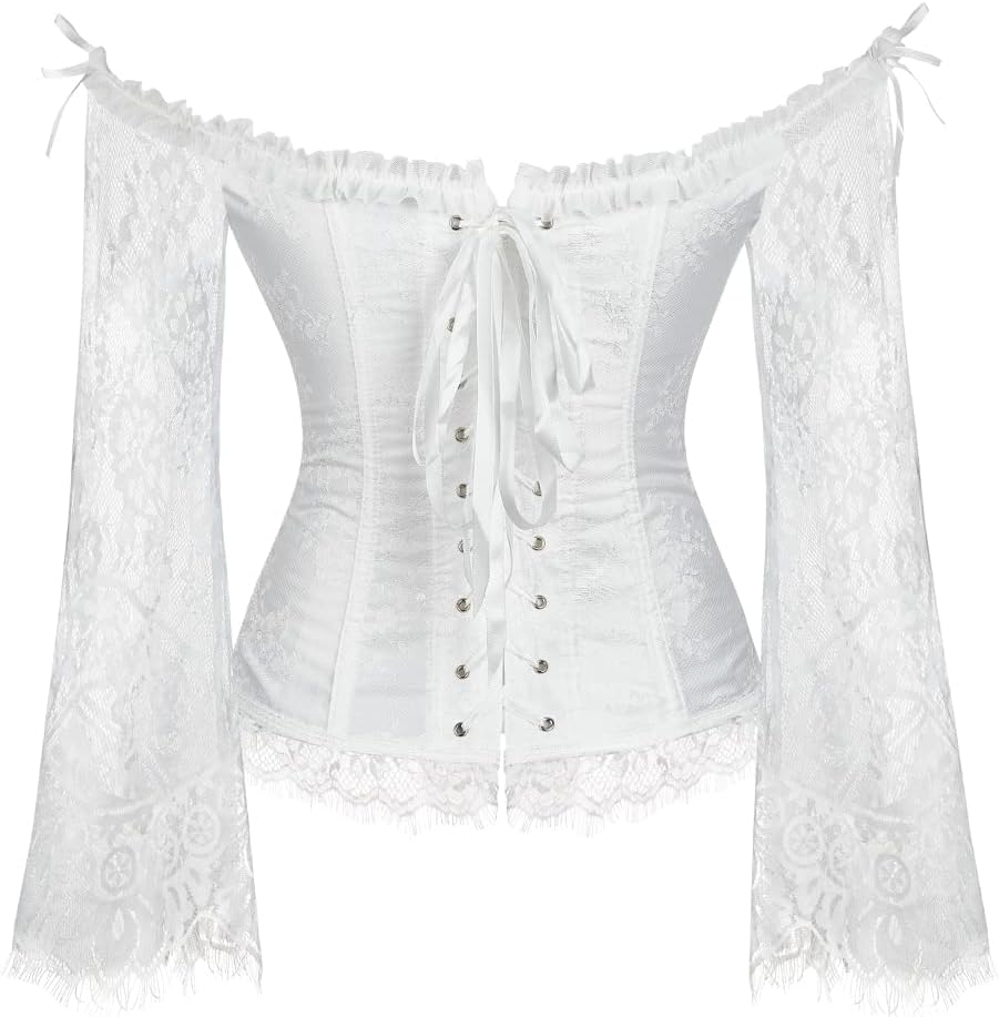 SZIVYSHI Corset Tops for Women with Sleeves, Bustier Overbust Lace Up Bodice Lingerie, Vintage Steampunk Strapless Shirt