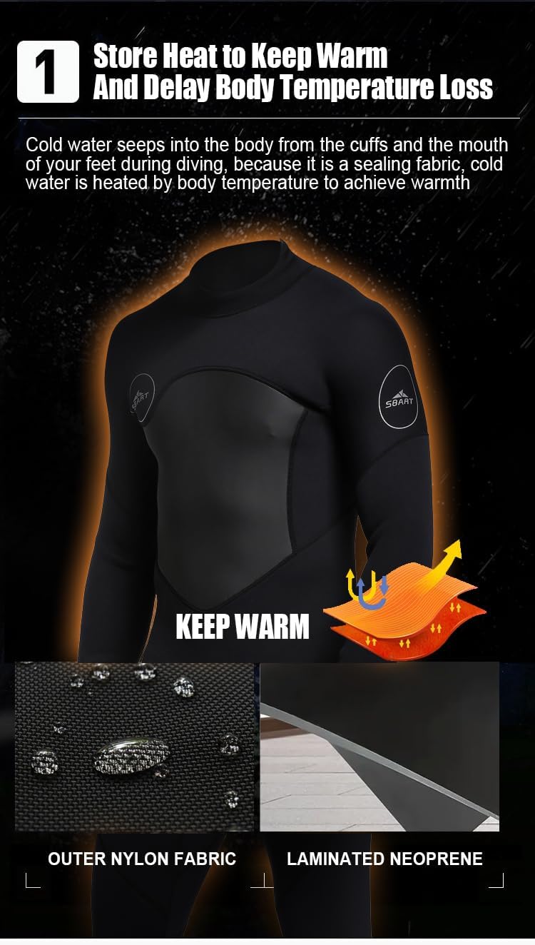 Sbart Premium Men's 1.5mm Neoprene Full Body Wetsuit, Keep Warm & Comfy, Adult Men Fullsuit Diving Suit for Scuba Diving Snorkeling Surfing Swimming Kayaking Paddling SUP All Watersports
