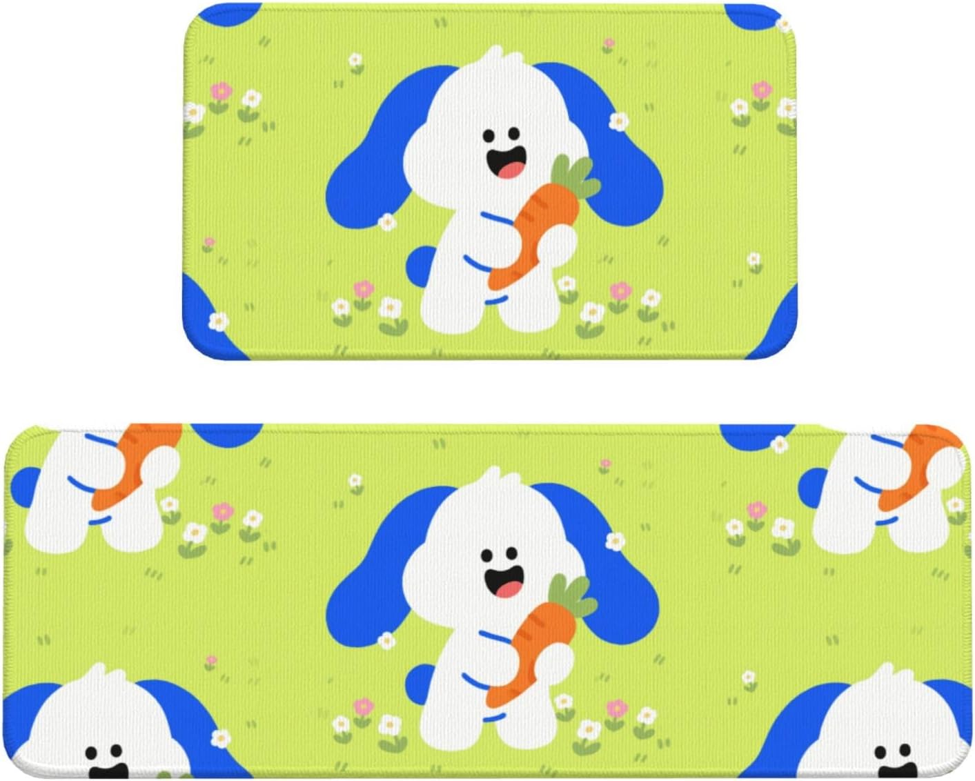 Cute Rabbit Kitchen Rugs Set of 2, Cushioned Anti-Fatigue Kitchen Mats for Floor, Waterproof Comfort Standing Mat Absorbent Velvet Kitchen Runner Rugs 17"x30"+17"x47"