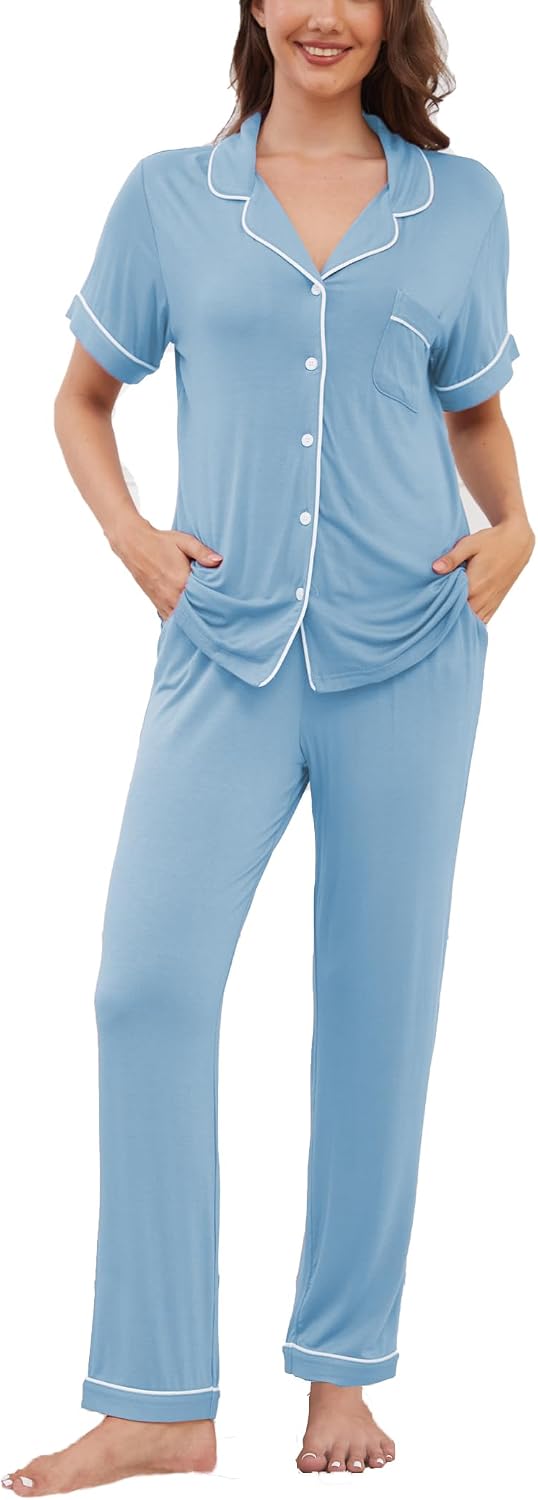 Womens Pajama Set Soft Pjs Short Sleeve Sleepwear with Long Pants 2 Piece Lounge Sets S-XXL