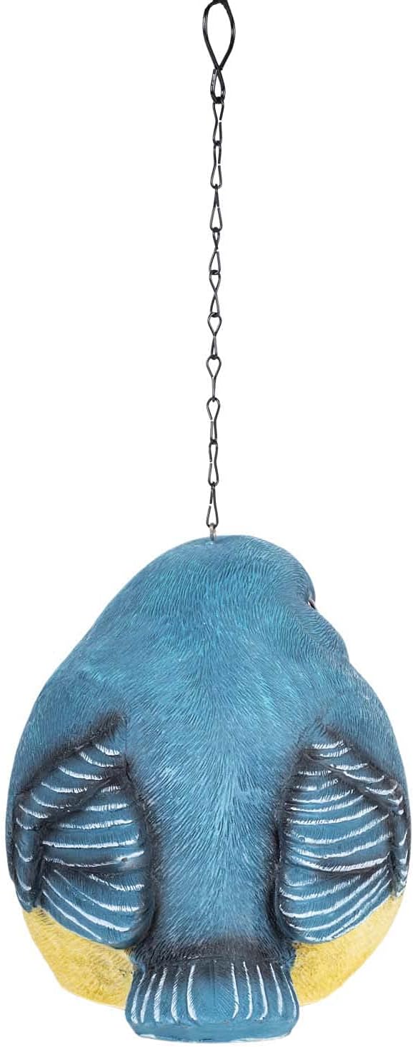 Chubby Blue Bird Yellow Chest 10 Inch Resin Chain Link Hanging Outdoor Birdhouse