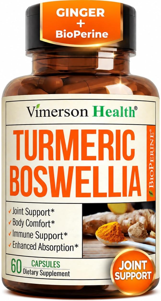 Turmeric Curcumin with BioPerine, Boswellia and Ginger. Advanced Turmeric Combination. Promotes Cartilage Function. Vegan, Gluten-Free, Non-GMO, Natural. 60 Vegetarian Capsules.