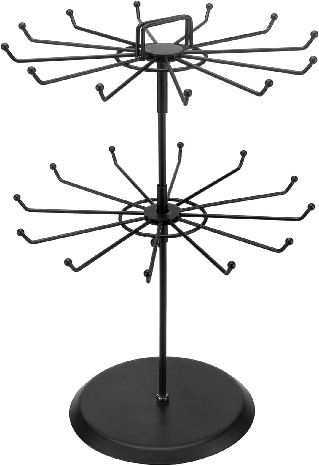 2 Tier Black Metal Rotating Necklace and Bracelet Organizer Jewelry Spinner Stand with 24 Hooks,Keychain Spinning Display Rack with Top Handle Card Holder,Necklace Bracelet Earring Ring Holder,Black
