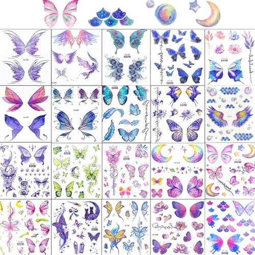 20Pcs Glitter Butterfly Temporary Tattoos, Waterproof Face and Body Stickers for Eye and Cheek Decor, Pool Parties and Makeup