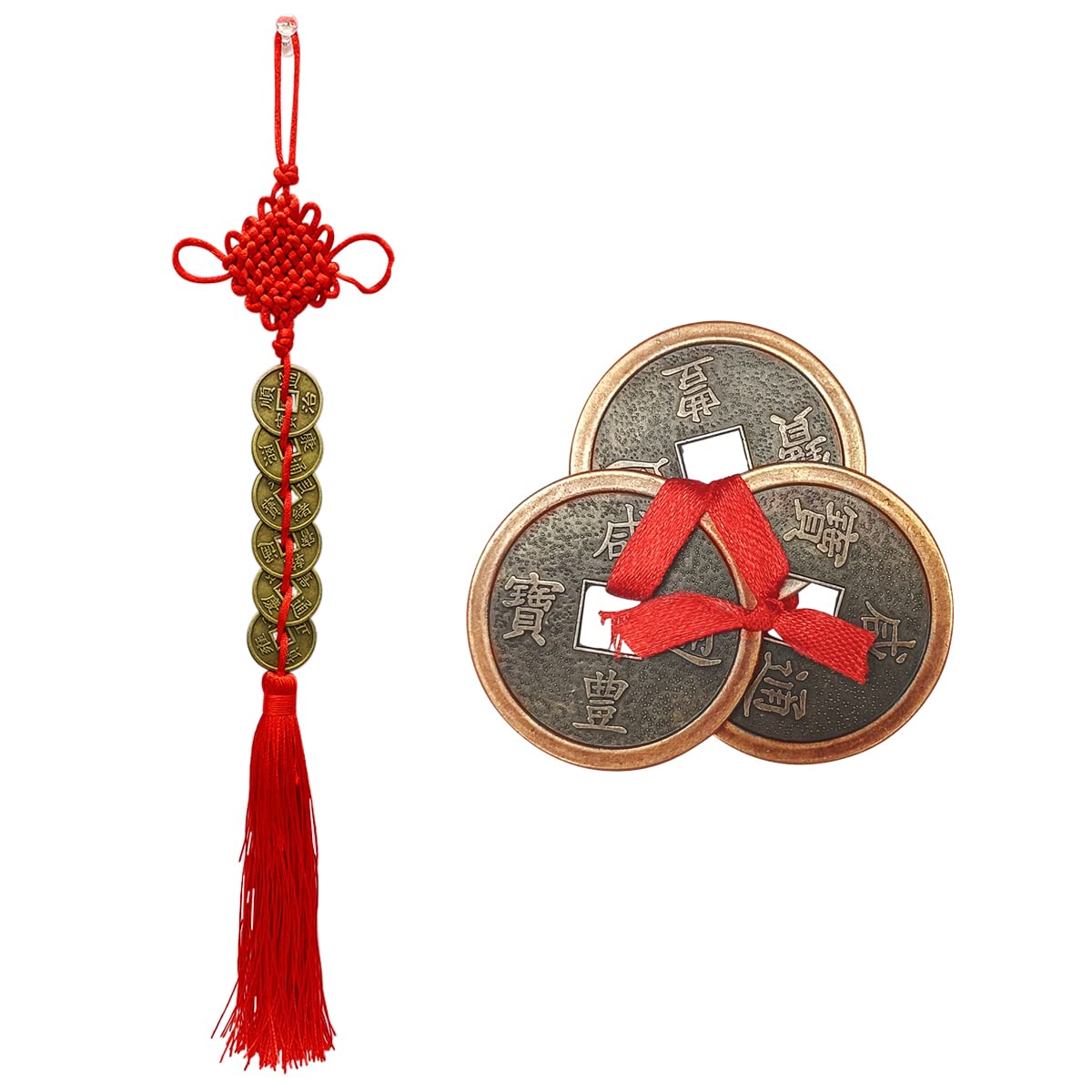 6 & 3 Chinese Coin Hanging Set | Feng Shui Lucky Charm for Wealth, Growth & Positive Energy | Lucky Coins for Home Decor & Car Decorative Items | Main Door Entrance Decor, Wall Hanging & Gifting