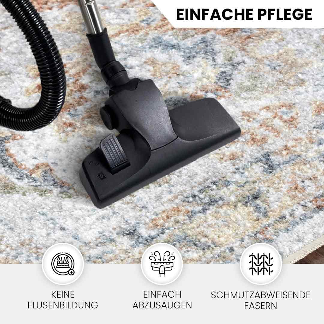 Livabliss Doha Teppich waschbar in der Waschmaschine - Vintage Teppich Groß für Wohnzimmer 200 cm, Schlafzimmer, Küche - Orientalischer Boho Teppiche, Elfenbein, Grau, Blau