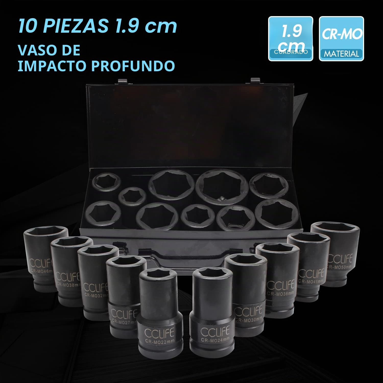 CCLIFE 10pcs 3/4 Juego de Llaves de Vaso hexagonal tuerca de impacto llave de vaso 22-50MM