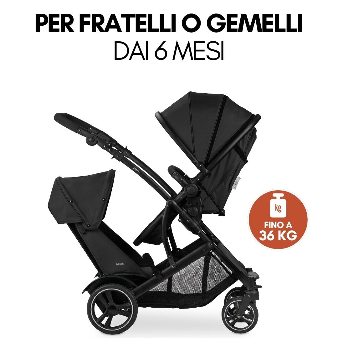 hauck Passeggino Gemellare Duett 4 - Passeggino Doppio per 2 Bambini, Fino a 36Kg, con Coprigambe e Parapioggia - Seduta Convertibile in Navicella Neonato - Nero