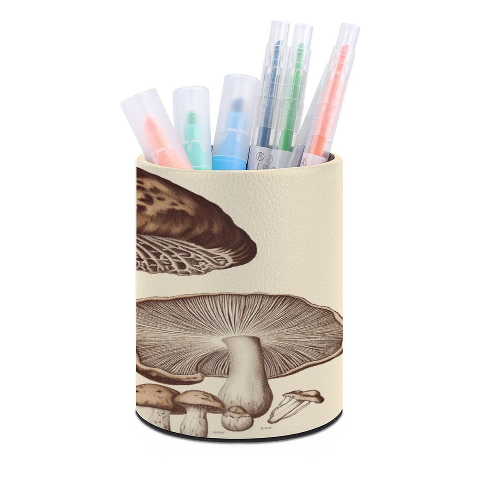 LDGSUPH Vintage Mushrooms Drawing Round Pen Holder Leather Pen Cup Pencil Cup Pen Organizer Pencil Holder for Desk Organizer Pencil Organizers Makeup Brush Holders for Home Office Gift