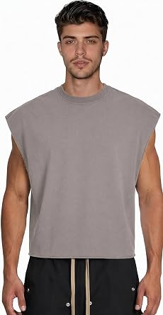 Mens Cropped Sleeveless T Shirt, Boxy Oversized 320GSM Heavyweight French Terry Tee