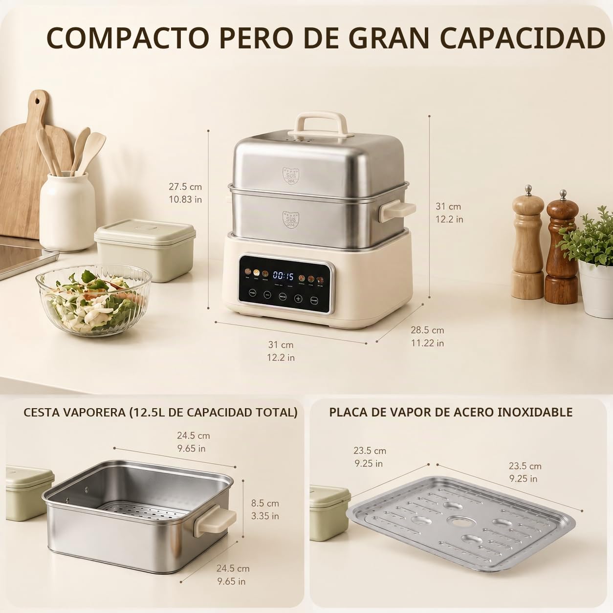 Fulgutonit 12.5L Vaporera Eléctrica de Acero Inoxidable 304 | 2 Niveles, 6 Programas Inteligentes, Temporizador de 24 Horas, Vaporera y Hot Pot 2 en 1, Cocina Multifunción