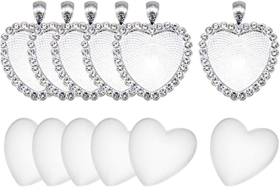12 Pcs 25mm Heart Rhinestone Pendant Bezel Trays and Clear Glass Cabochon Domes Setting for Photo Pendant Resin Craft Jewelry Making Silver