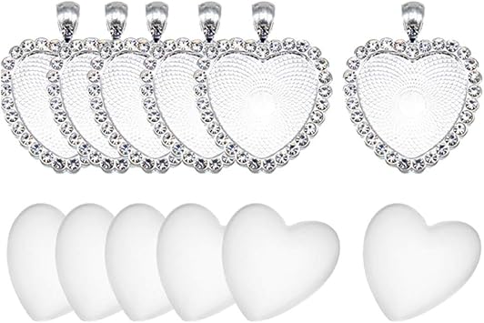 12 Pcs 25mm Heart Rhinestone Pendant Bezel Trays and Clear Glass Cabochon Domes Setting for Photo Pendant Resin Craft Jewelry Making Silver