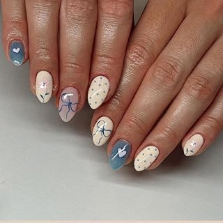 Polka Dot Press on Nails Short Fake Nails Almond False Nails with Designs Bow Heart Acrylic Glossy Full Cover Glue on Nails Press ons Blue Cute Artificial Stick on Nail for Women Manicure 24 Pcs