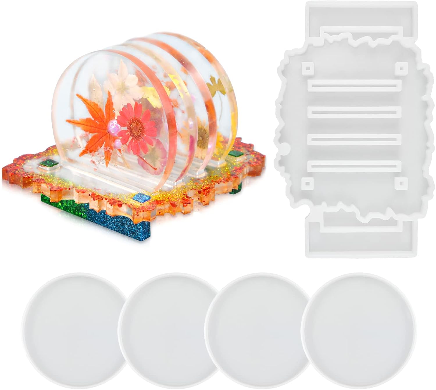 Resin Coaster Molds, 4 Pcs Coaster Molds for Epoxy Resin with a Coaster Storage Holder Stand Molds, Round Cup Mat Molds Coaster Silicone Molds for Resin Casting, Coaster Resin Molds.
