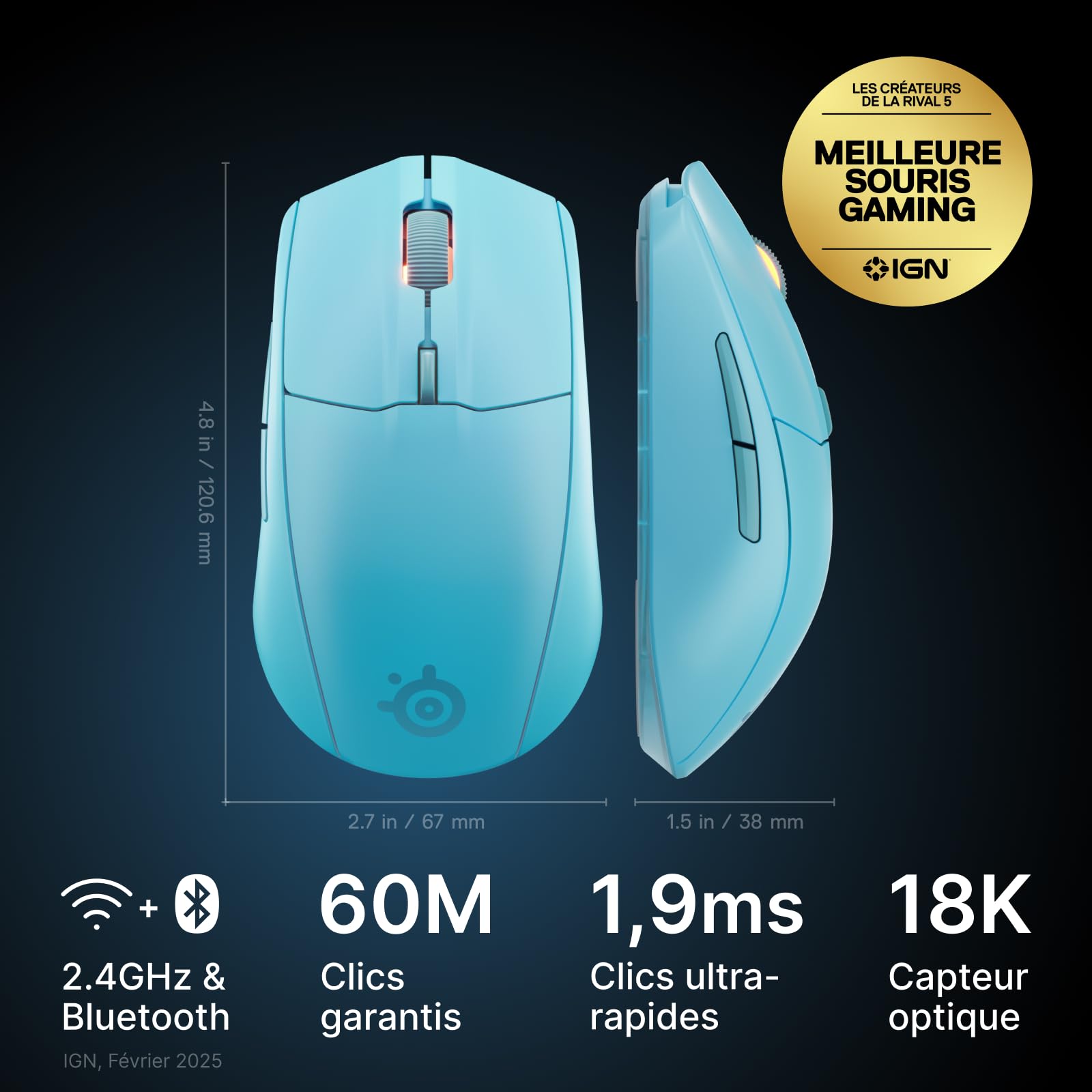SteelSeries Rival 3 Wireless Gen 2 Souris Gaming sans Fil - 2,4 GHz et Bluetooth - TrueMove Capteur Optique TrueMove Air 18000 DPI - Durabilité 60 mil de clics - Poids léger - Patins 100% PTFE - Aqua