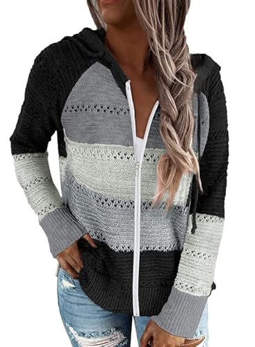 Biucly Womens Stripes Color Block Knit Sweater Zip Up Hoodies Long Sleeve Lightweight Drawstring Jacket Pullover Sweatshirts Sweaters Fall Winter 2022,Us 8-10(M),Black #TOP12