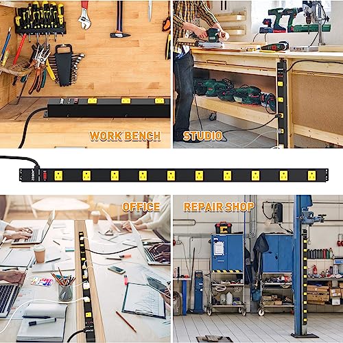 Image of 10 Outlet Long Power Strip, Wide Spaced Outlet Power Bar, Heavy Duty Metal Power Strip with 6FT Cord for Work Bench, Garage, Shop, Overload Protection Switch, ETL Listed (15A /1875W)