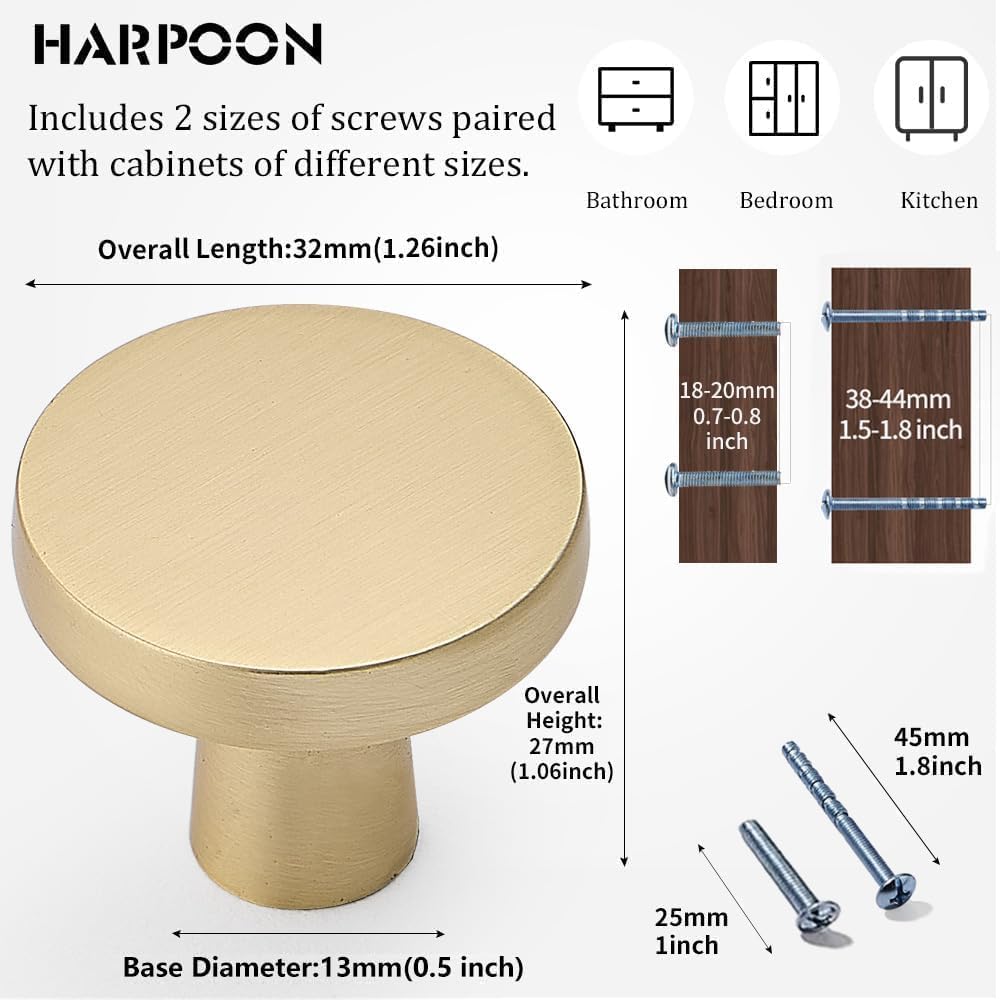 HARPOON Cabinet Knobs, Modern Pull Drawer Handle Wardrobe,Kitchen Bar Cabinet Hardware 10 Pack,1.26 inch(32mm) Brushed Brass