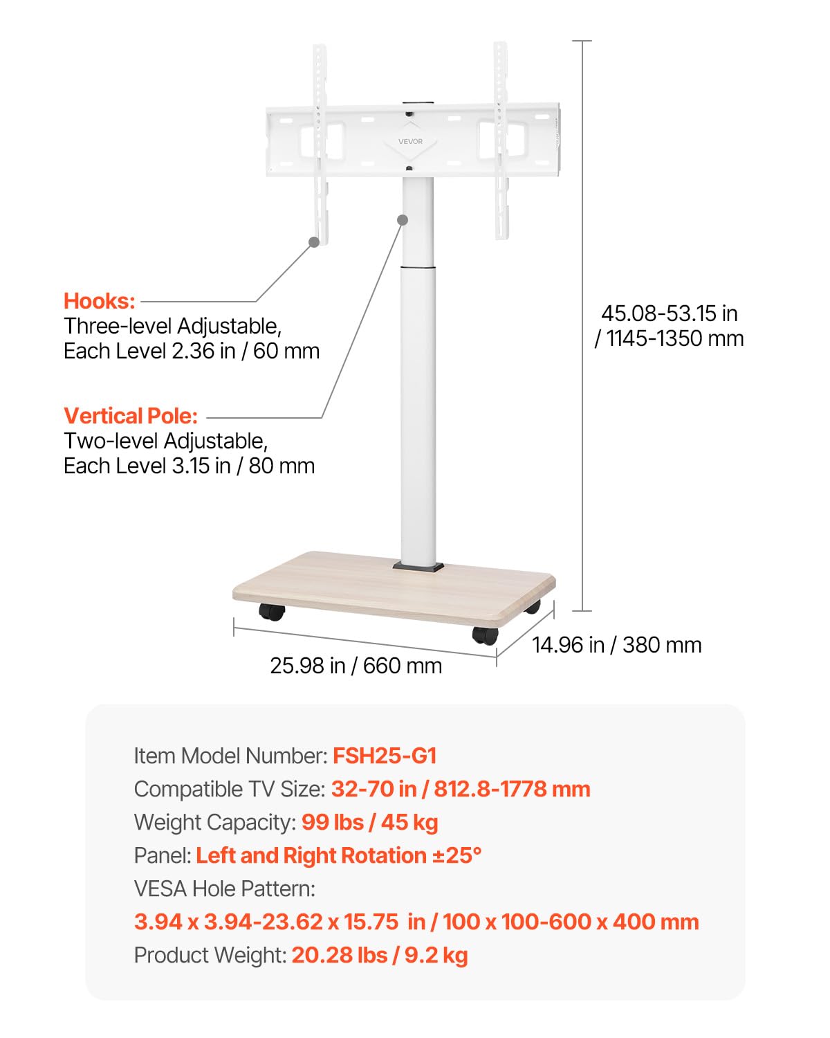 VEVOR Carrello Porta TV con Ruote per Schermo da 812,8-1778 mm Carico max. 45 kg Carrello Porta TV Rotazione Sinistra-Destra 25° Altezza Regolabile con Ripiano per Angolo da Casa Ufficio