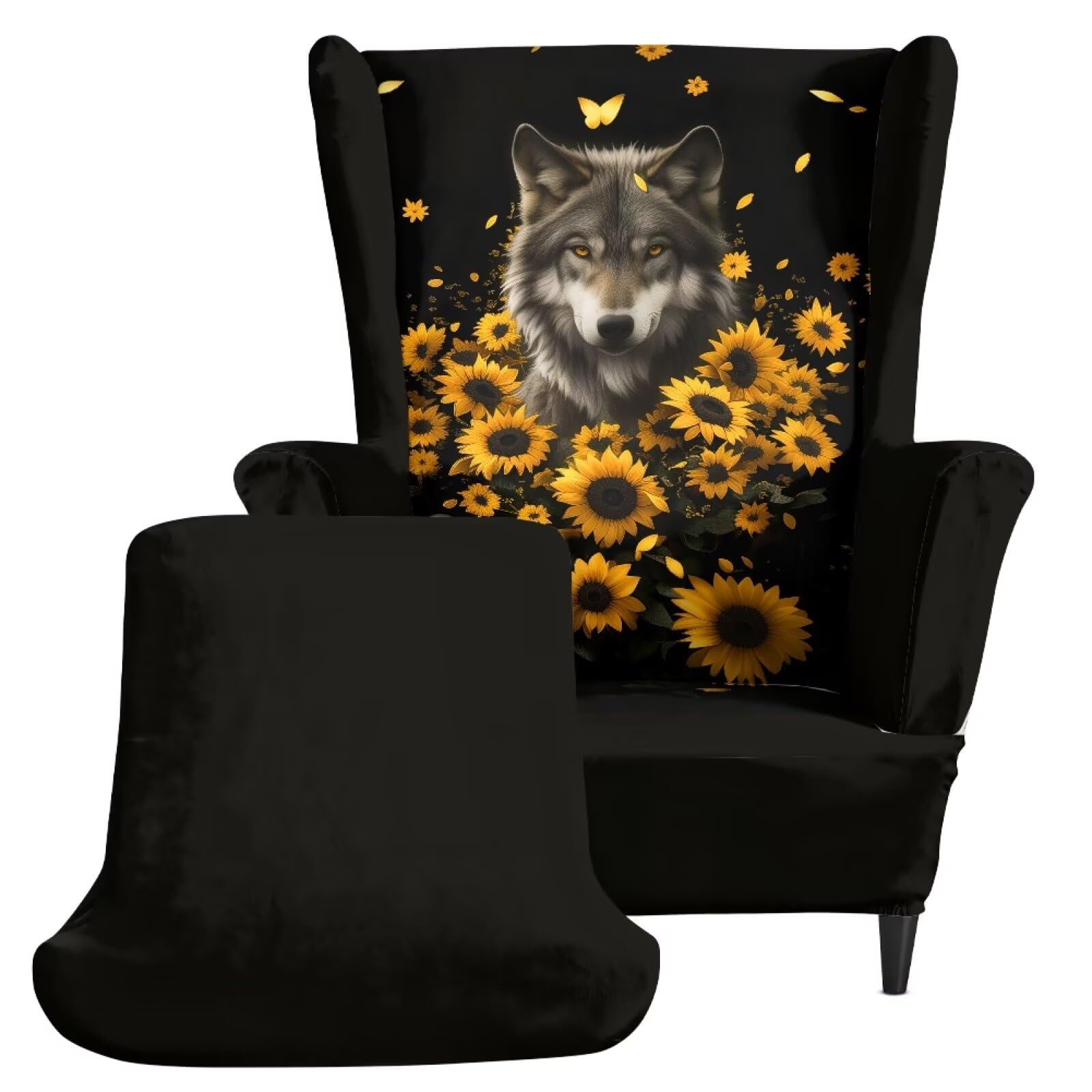 Xoenoiee Fundas elásticas para sillas de ala con estampado de girasol de lobo, 2 piezas, fundas lavables para sillones, protector de muebles antideslizante para sala de estar
