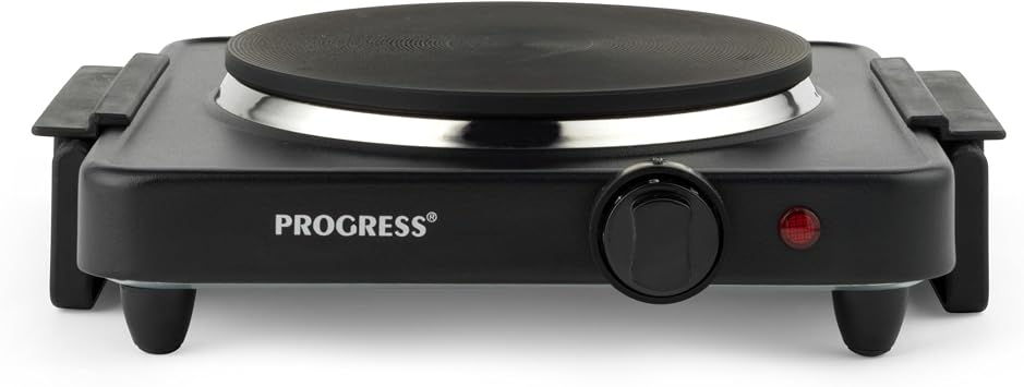 Progress EK4353P Single Electric Hot Plate - Camping Stove, Table Top Electric Cooker, Portable Kitchen Hob with Carry Handles, Non-Slip Feet, Variable Heat Settings, Holiday Homes/Caravans, 1500W