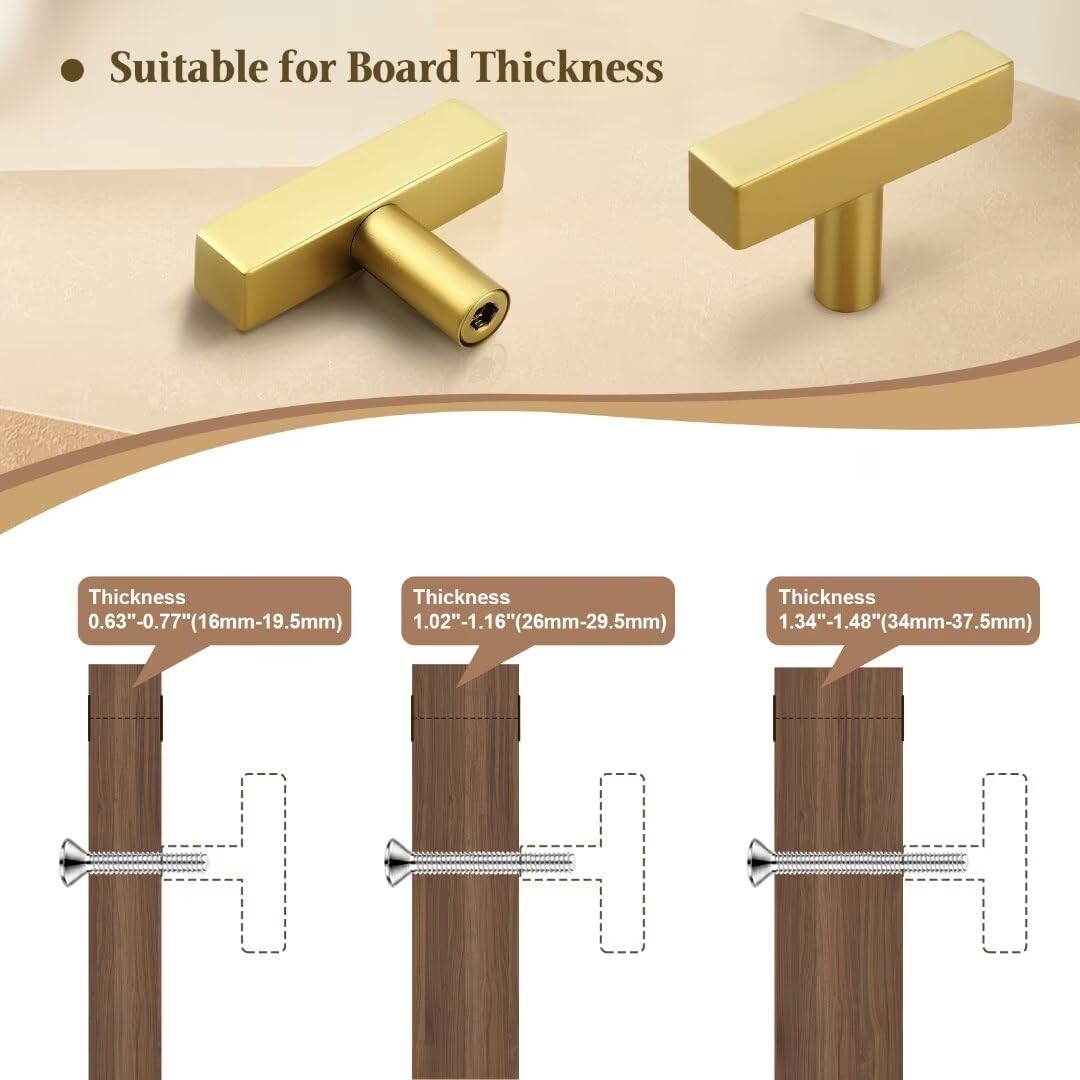 Brushed Brass Cabinet Knobs 5 Pack, Gold Knobs for Dresser, Single T Bar Drawer Knob Kitchen Knobs, 2 Inch Overall Length