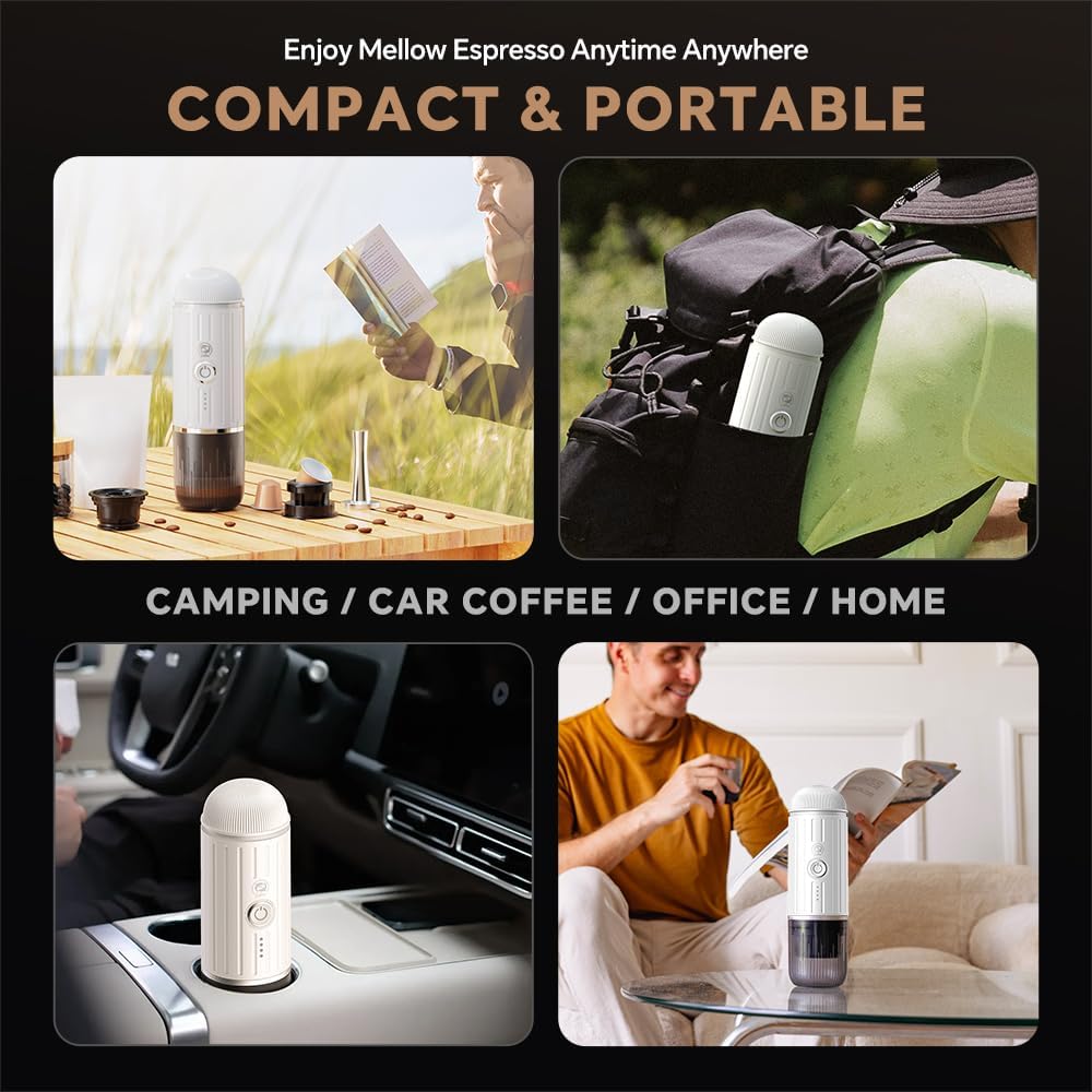 BENFUCHEN Macchina per caffè espresso elettrica portatile, auto-riscaldante compatibile con cialde NS e caffè macinato Mini Cafe Maker, per viaggi, campeggio, ufficio (Bianco)