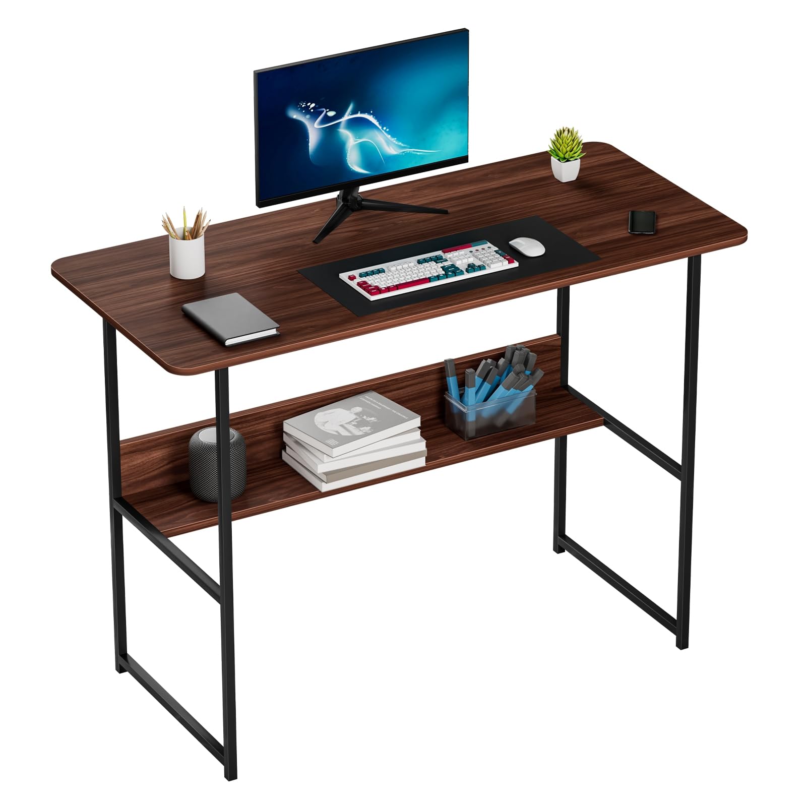 Worparsen Study Computer Desk, Home Office Writing Small Desk, Bedroom Student Study Table, Simple Style PC Table, Black Metal Frame 100 cm
