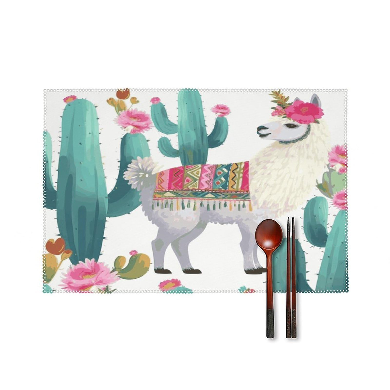 Tropical Llama Alpaca Cactus Flower Placemats Set of 6 Non-Slip Heat Resistant Table Mats Canvas Washable Cloth Place Mats Easy to Clean Premium Placemat for Kitchen Dining Table Decoration