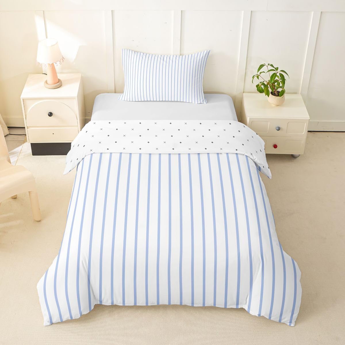 Feelyou Blue White Stripes Duvet Cover Toddler Size Striped Bedding Set for Boys Girls Stripe Line Comforter Cover Geometric Bedroom Decor 2Pcs Modern Abstract Art