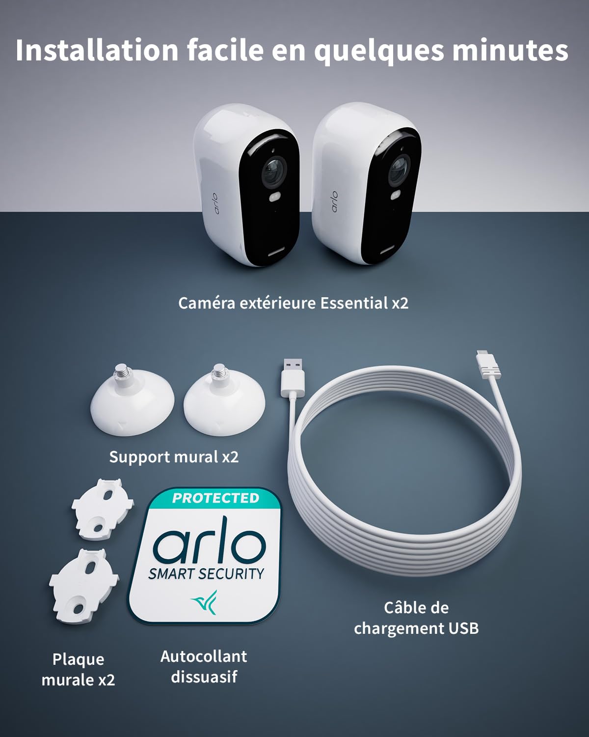 ARLO Essential 2 FHD, Caméra de Surveillance WiFi Extérieure sans Fil, Détection par IA, Vision Nocturne Couleur, Audio bidirectionnel, Compatible avec Alexa, Essai Secure Inclus, 2 Caméras