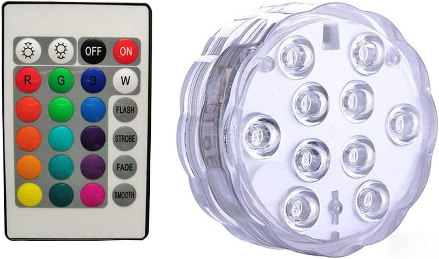 10leds RGB Underwater Submersible Led Light Waterproof Battery Operated Pond Swimming Pool Light for Vase Base,Floral,Aquarium(1 Lamp 1 Controller)
