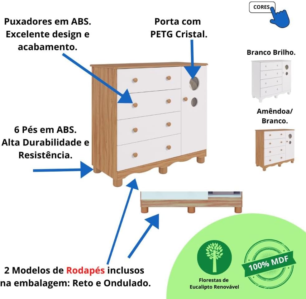 Quarto Bebê Completo Berço Americano Bem 3em1 Guarda Roupas 4 Portas Cômoda 1 Porta Bolinha 100% MDF
