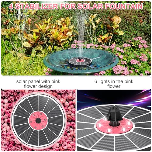 Yzert Solar Fountain Bird Bath Fountains with 6 LED Lights and Pink Flower,Solar Powered Water Fountain with 7 Nozzle and 4 Fixer,Solar Fountain Pump for Bird Bath,Garden,Outdoor(White Panel) - Thumbnail 5