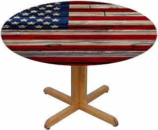 American Flag Round Table Cloth Old Painted Dark Wooden Fence Elastic Edged Table Cover Fade And Stain Resistant Table Cloths Easy To Clean Fits Tables 40-44" Diameter