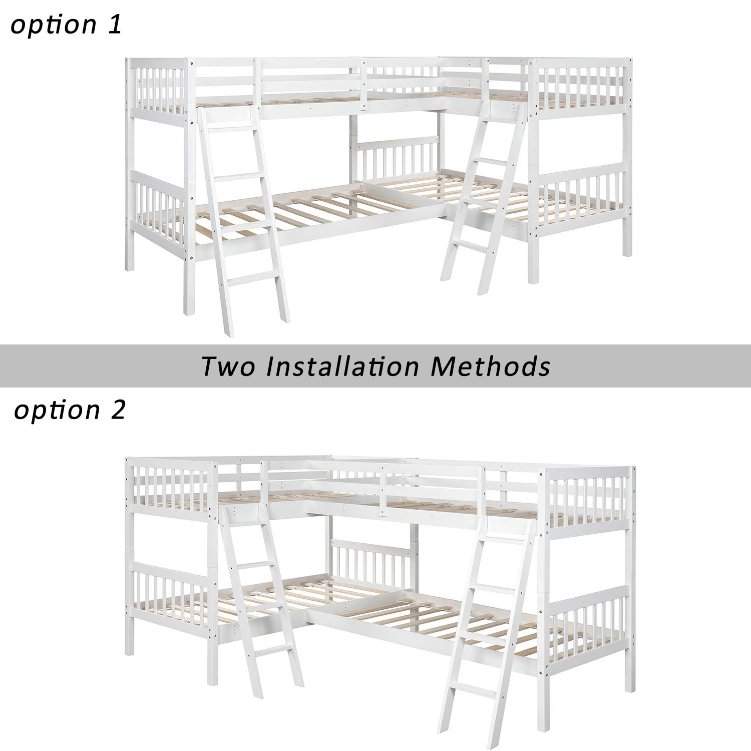 LShaped Twin Size Bunk Bed and Loft Bed, Solid Wood Twin Bunk Bed Loft