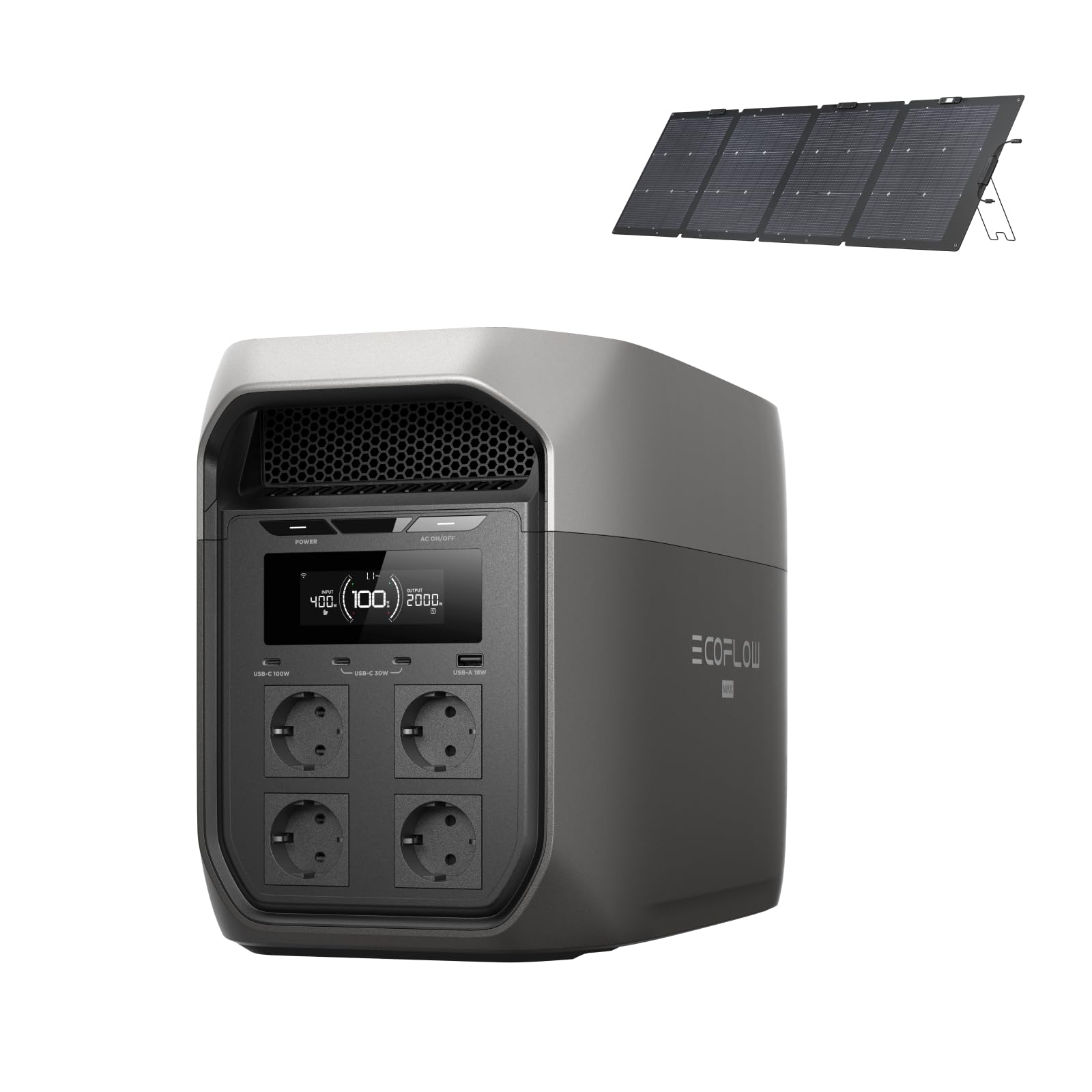 Power station EF ECOFLOW DELTA 3 Max da 2048 Wh con pannello solare da 400W | Uscita X-Boost da 2400 W, ricarica ultrarapida 0–80% in 51 min, backup (non utilizzato, difetti di confezionamento)