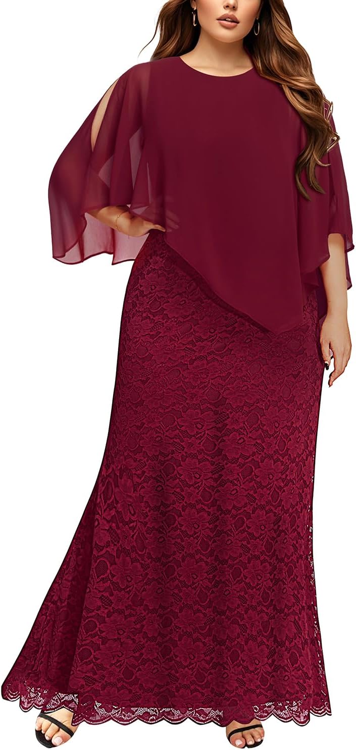 Pinupfashion Women's Plus Size Lace Mermaid Cape Dress Chiffon Overlay Formal Evening Gown