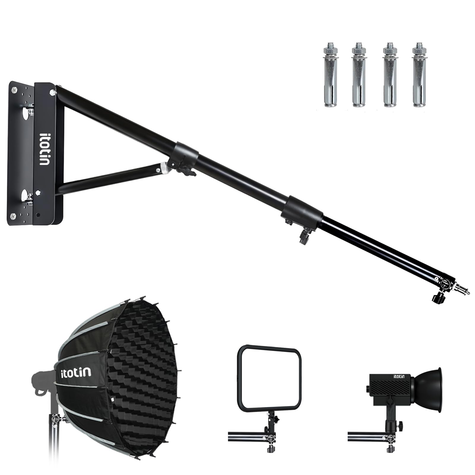 Wall Mount Triangle Boom Arm for Ring Light, Adjustable Wall Mounting Stand, Support 170° Flexible Rotation, Max Length 4.4ft/135cm for Photography Studio Strobe Flash Softbox Umbrella Reflector