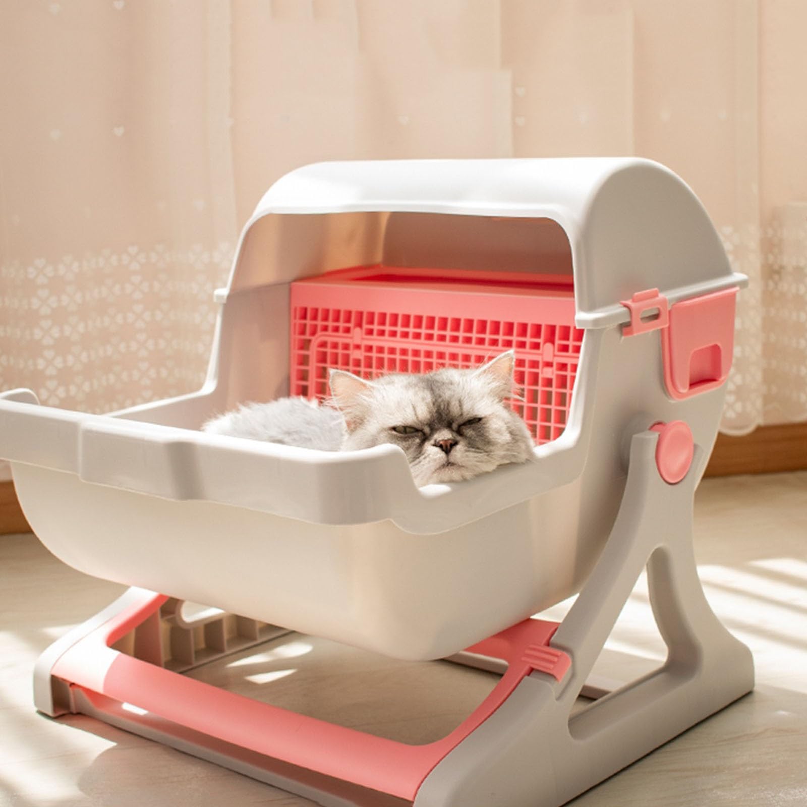 Exclusivo para Gatos y Perros Bandeja de Arena for Gatos Grande, semicerrada, semiautomática, basculante, Suministros for Mascotas, fácil Limpiar para Interiores(Beige)