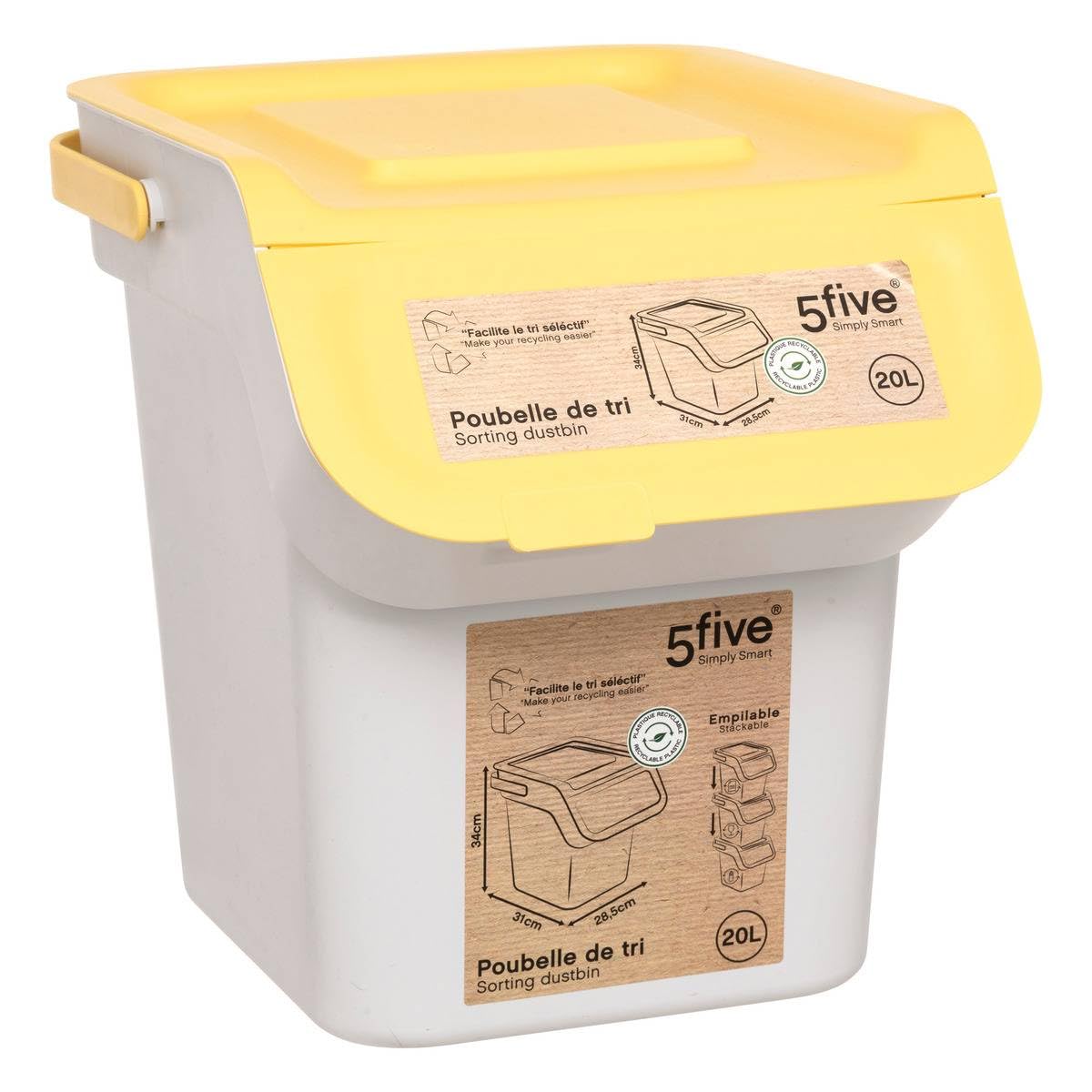 5five - Poubelle de Tri Sélectif en Plastique - 20L - Taupe - Empilable - Avec Anse - Pour Recyclage - Facile à Transporter