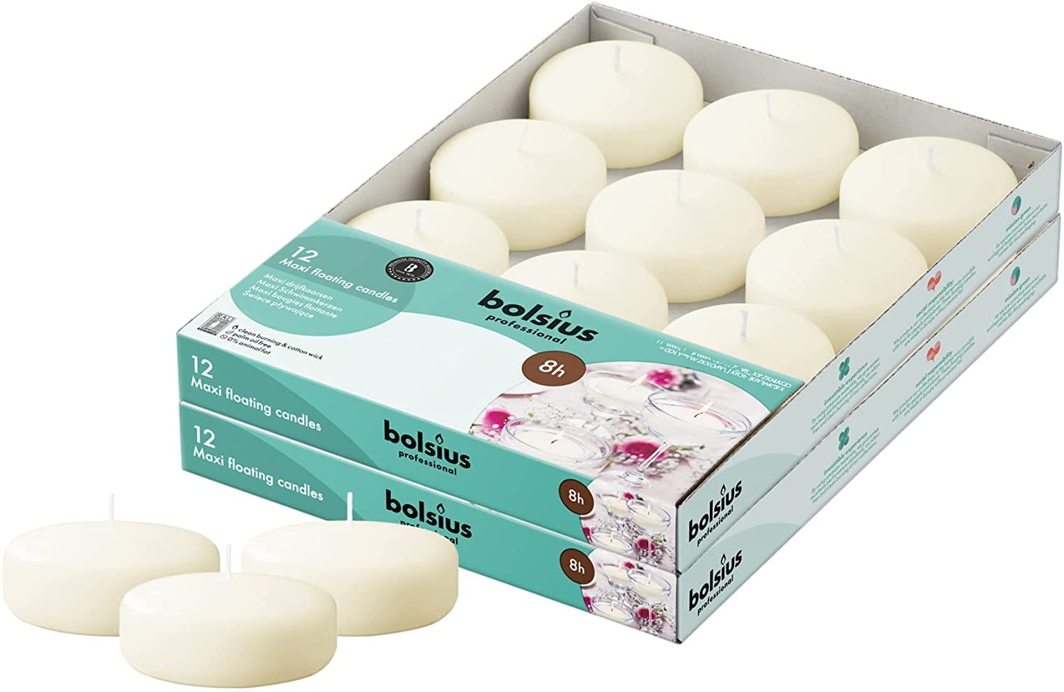 BOLSIUS Velas flotantes color marfil de 3 pulgadas, 24 unidades, sin perfume, calidad europea premium, impregnan un ambiente impresionante para centros de mesa románticos de boda, decoraciones,