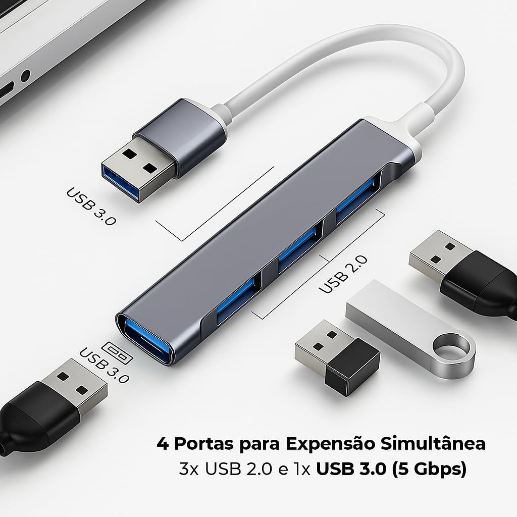 Hub USB 3.0 | 4 Portas até 5 Gbps - para HD Externo, Pen Drive, Impressora, Teclado e Mouse | Extensor Adaptador Compatível com Dock Station, Notebook e Computador - Acabamento em Alumínio (USB-A)